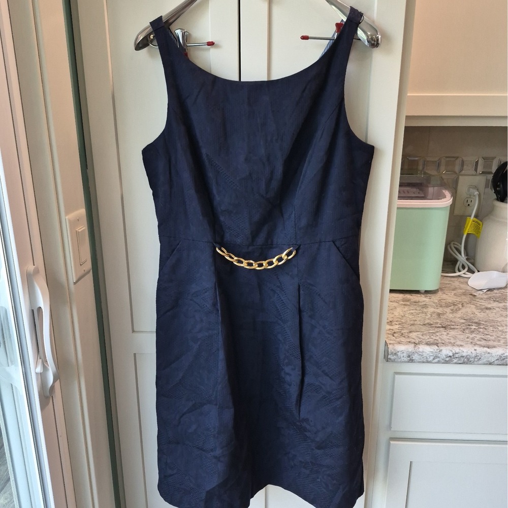Tommy Hilfiger Navy Blue Textured Solid Print Dress Gold Link Chain Size 12